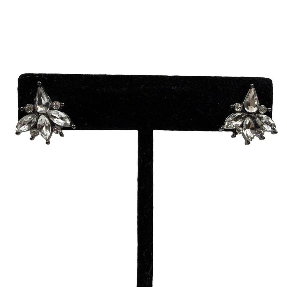 Clear Rhinestone Cluster Stud Earrings Gunmetal Tone Fashion Jewelry Push Back
